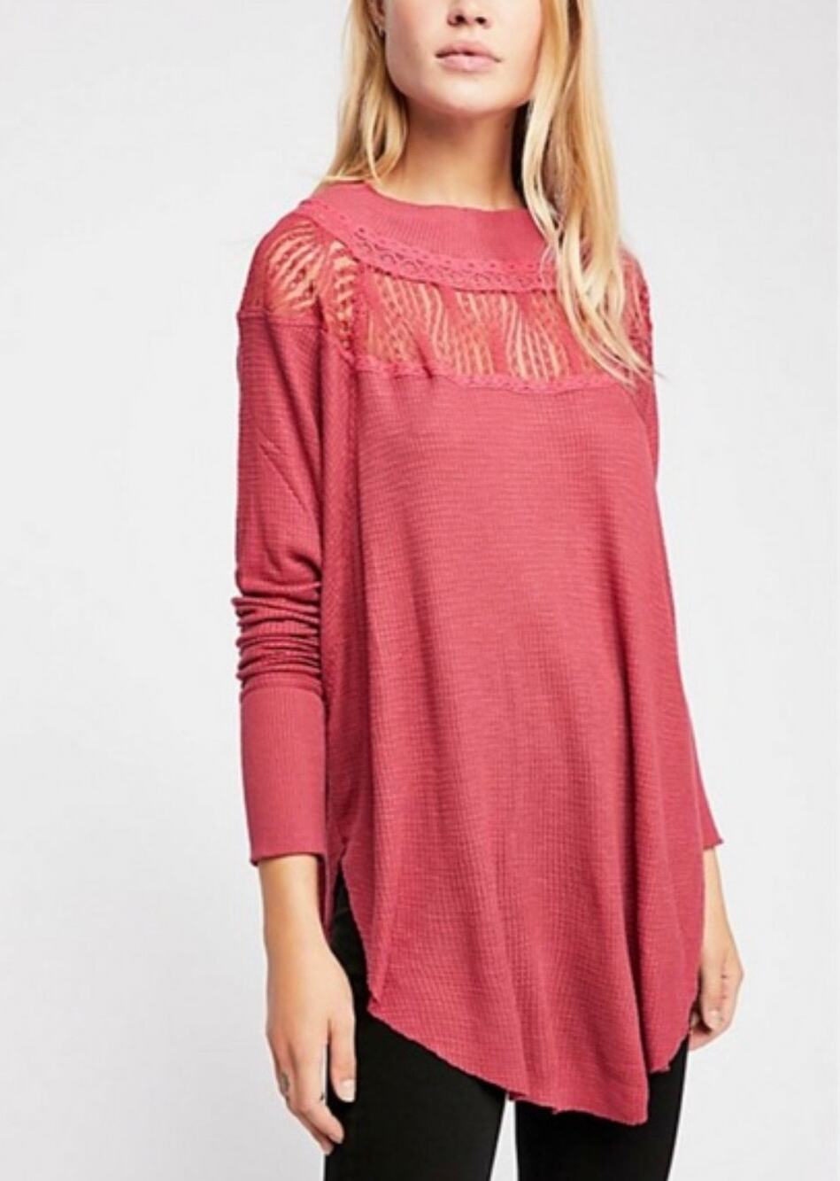 Free People Spring Valley Long Sleeve Thermal Top Red Womens Size S Lace Boho